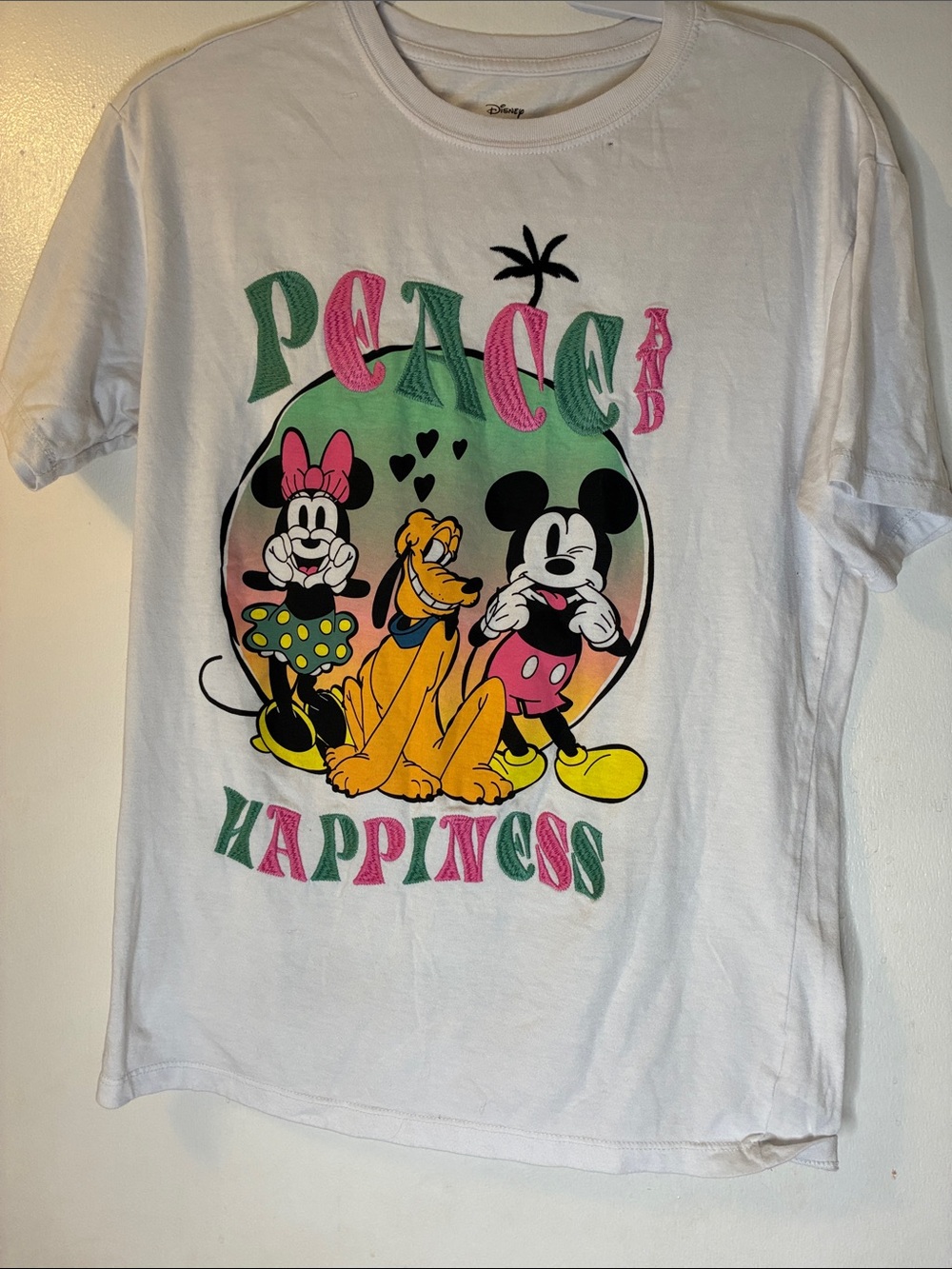 Disney White Graphic Tee with Pink, Green & Yellow 'Peace Happiness'